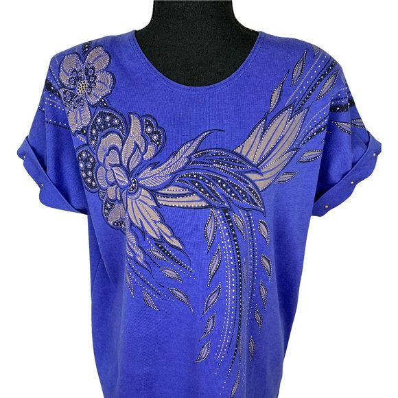 2/$25 - PICADILY Fashions Bedazzled Floral Paisley Short Sleeve Top - Picture 2 of 8